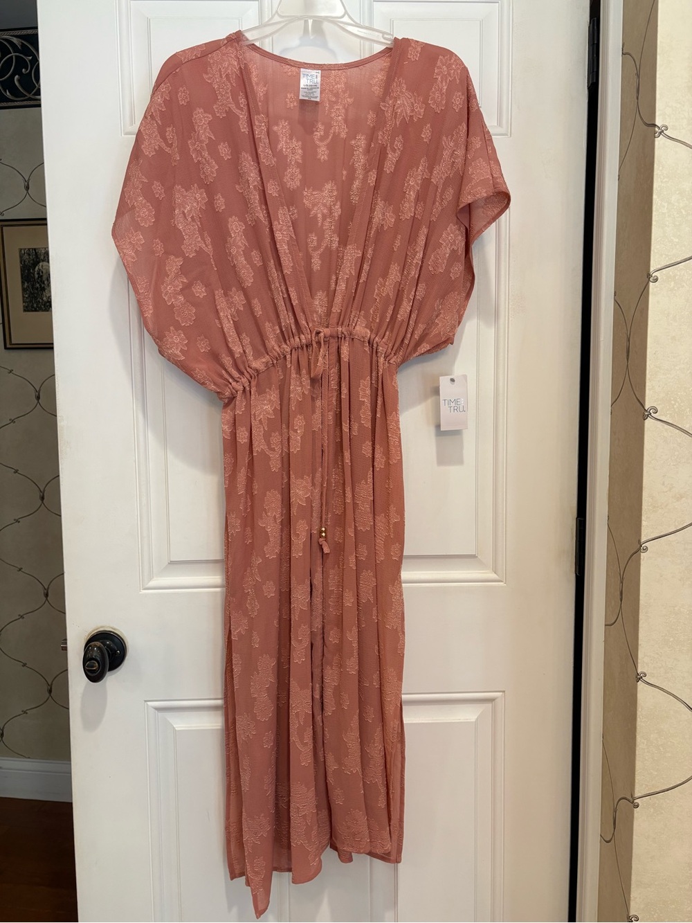 Time and Tru Rose Long Tie At Waist Sheer Swim Cover Up, Size L